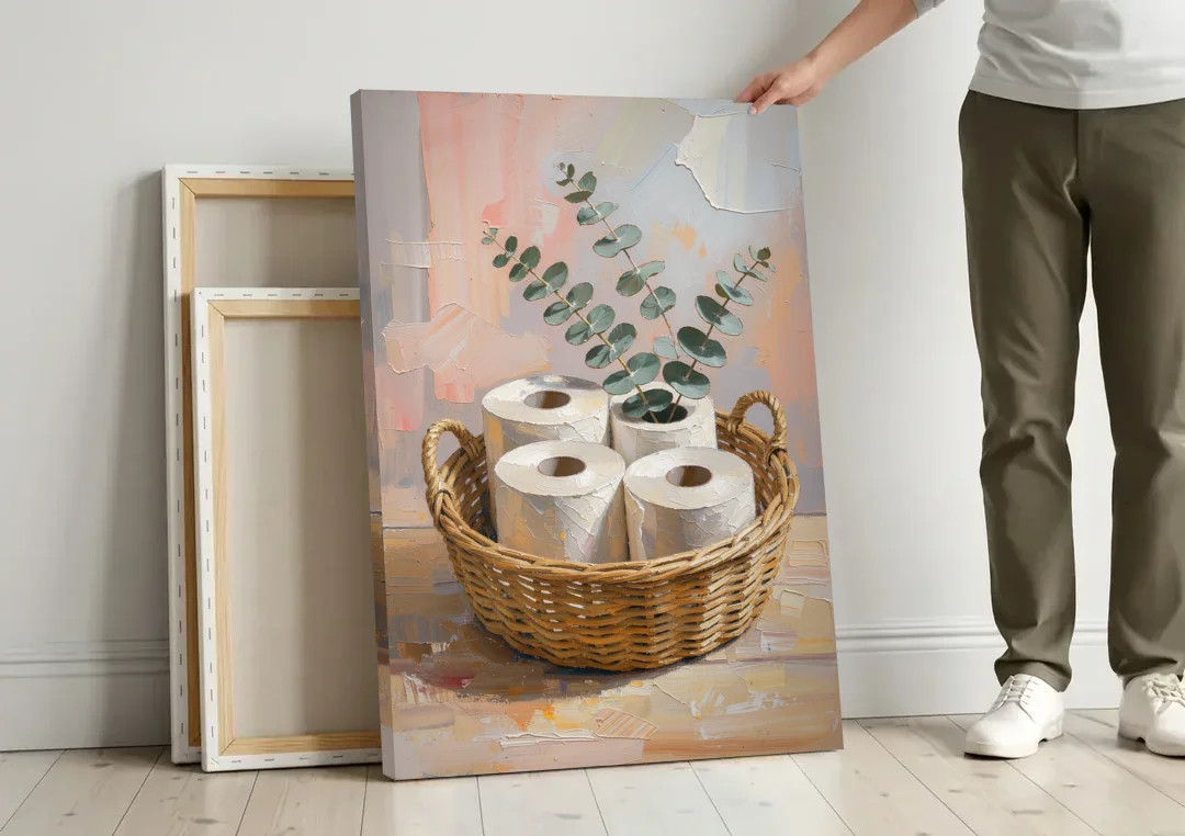 Farmhouse Bathroom Wall Decor with Wicker Basket and Eucalyptus canvas wall art leaning against a wall next to blank canvases