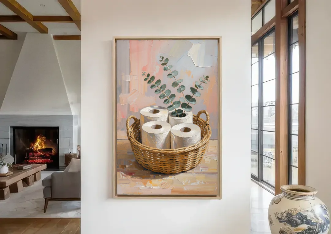 Farmhouse Bathroom Wall Decor with Wicker Basket and Eucalyptus canvas wall art in a living room with a fireplace