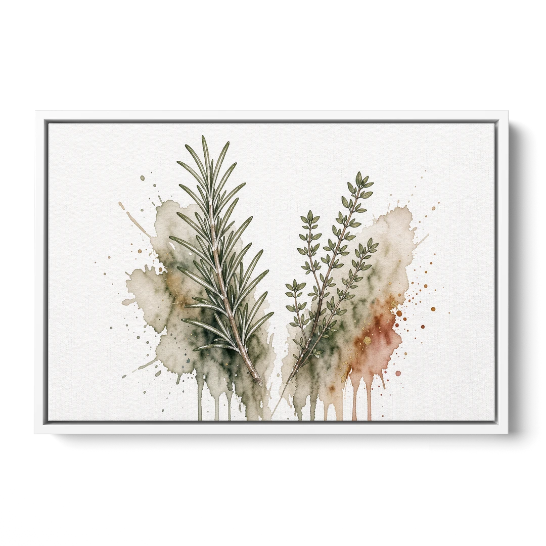 Farmhouse Botanical Wall Art with Rosemary and Thyme - White Framed Canvas Wall Art - Front