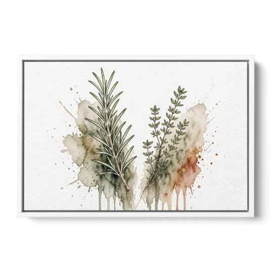 Farmhouse Botanical Wall Art with Rosemary and Thyme - White Framed Canvas Wall Art - Front