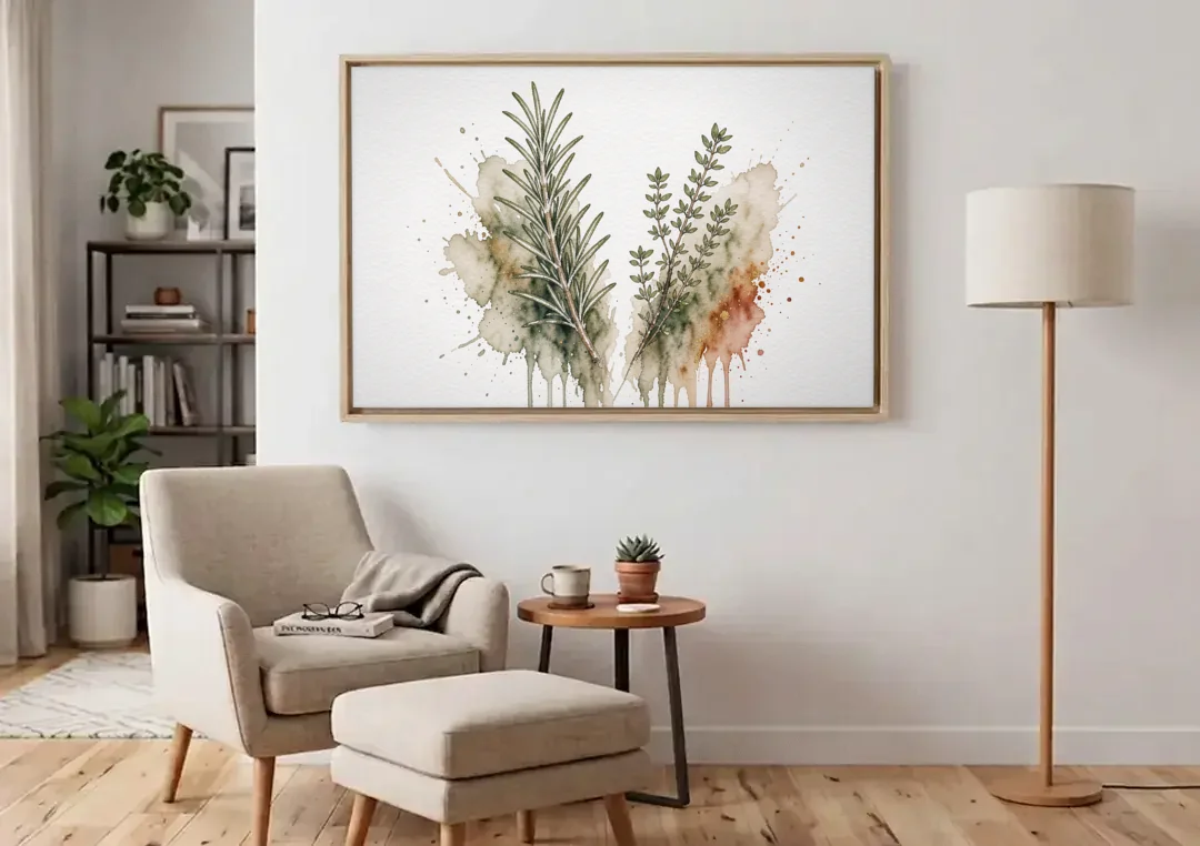 Farmhouse Botanical Wall Art with Rosemary and Thyme canvas wall art above an armchair in a bright living room