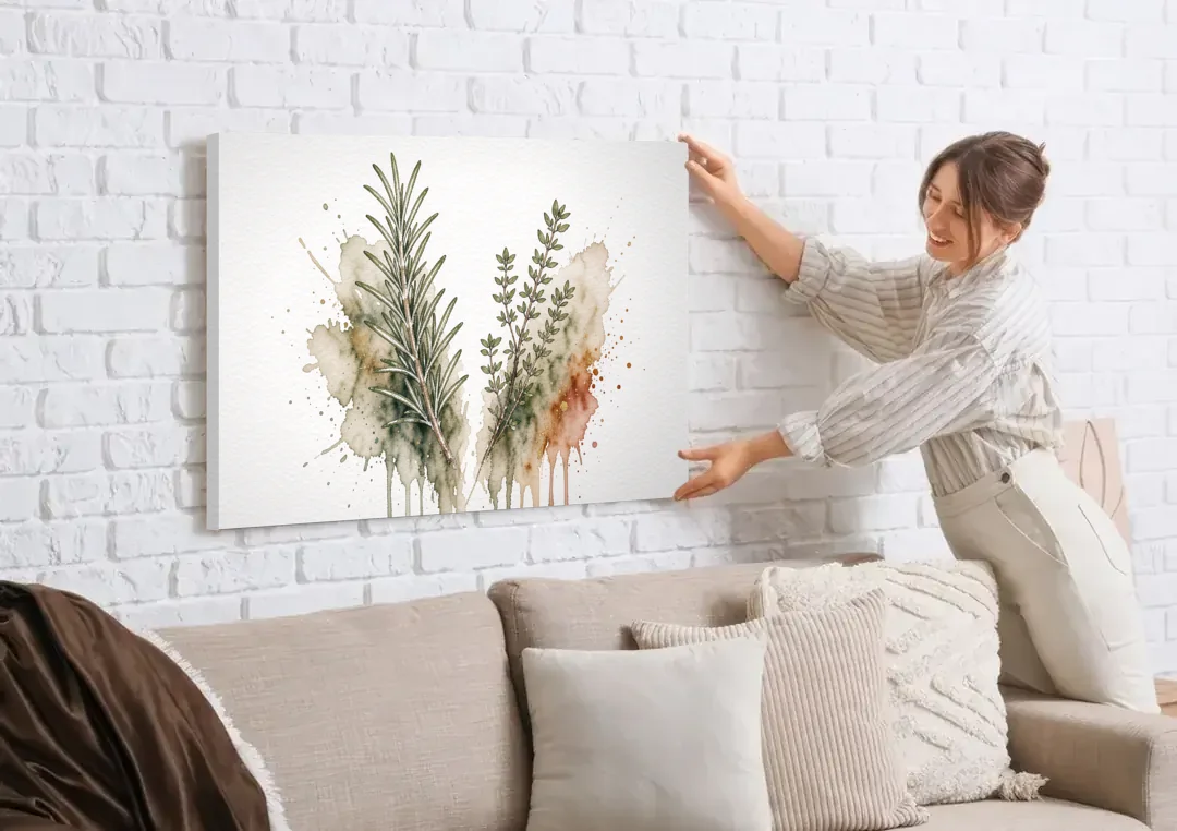 Farmhouse Botanical Wall Art with Rosemary and Thyme canvas wall art being hung on a white brick wall above a sofa