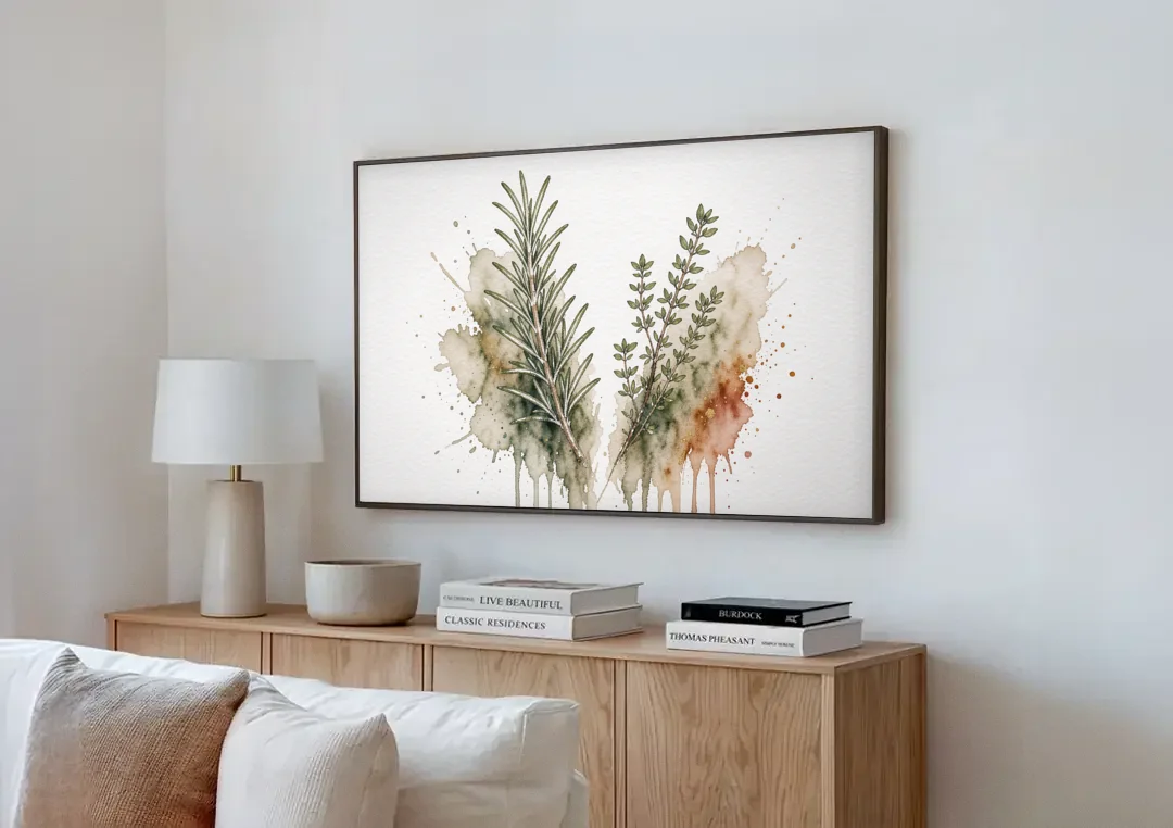 Farmhouse Botanical Wall Art with Rosemary and Thyme canvas wall art above a wooden sideboard next to a sofa