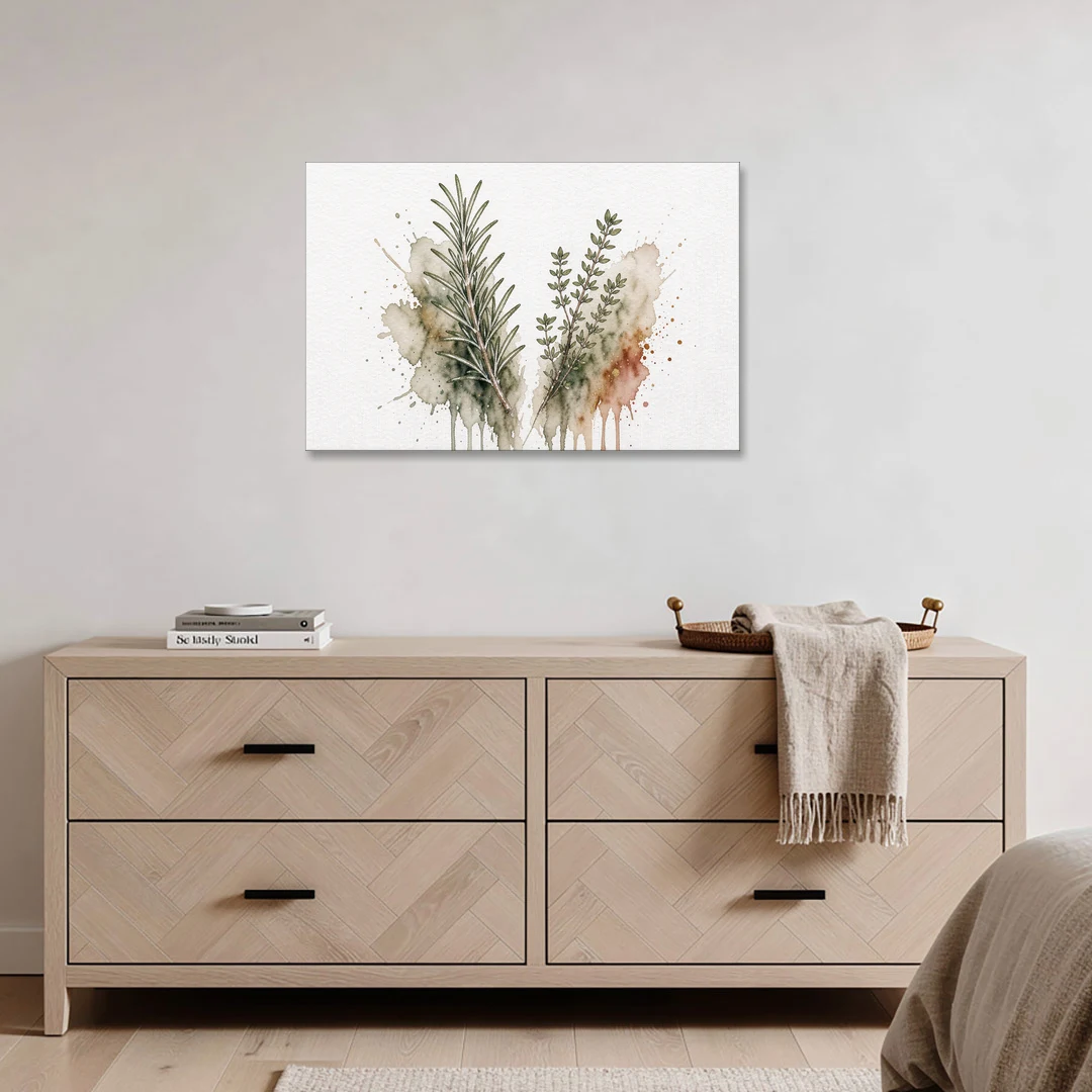 Farmhouse Botanical Wall Art with Rosemary and Thyme - Canvas Wall Art - Coffee Table - 36x24