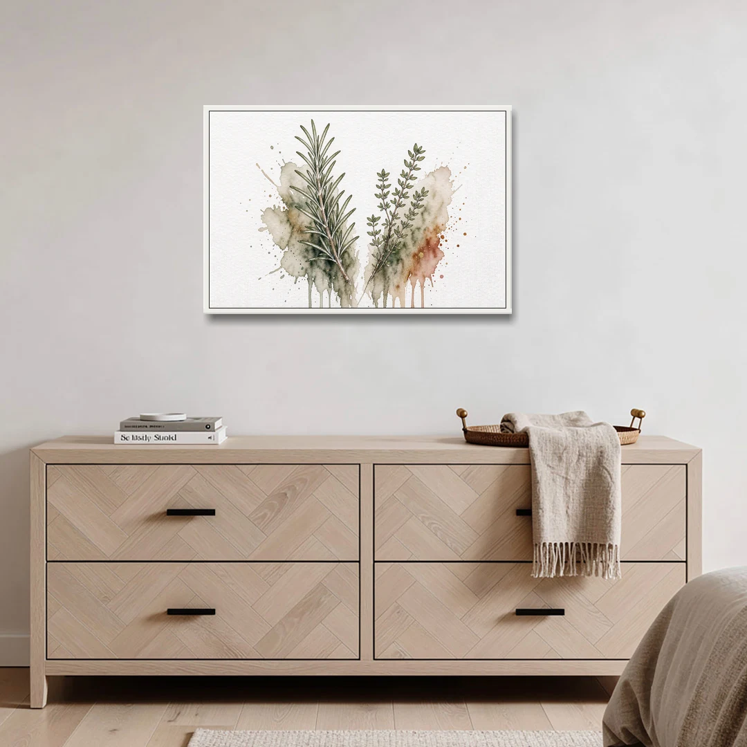 Farmhouse Botanical Wall Art with Rosemary and Thyme - White Framed Canvas Wall Art - Coffee Table - 36x24