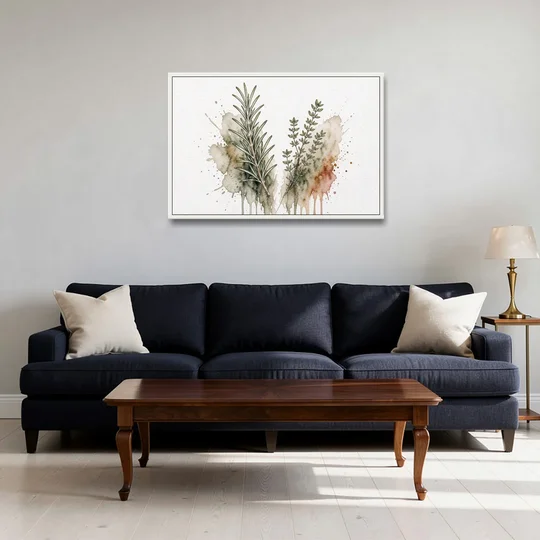 Farmhouse Botanical Wall Art with Rosemary and Thyme - White Framed Canvas Wall Art - Sofa - 36x24