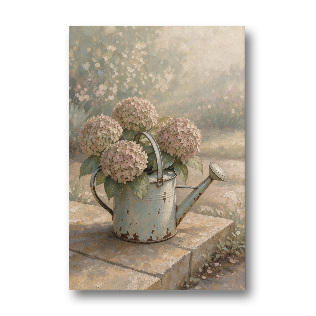 Farmhouse Floral Wall Art with Hydrangea Watering Can - Canvas Wall Art - Front