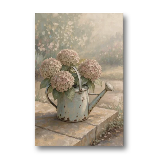 Farmhouse Floral Wall Art with Hydrangea Watering Can - Canvas Wall Art - Front