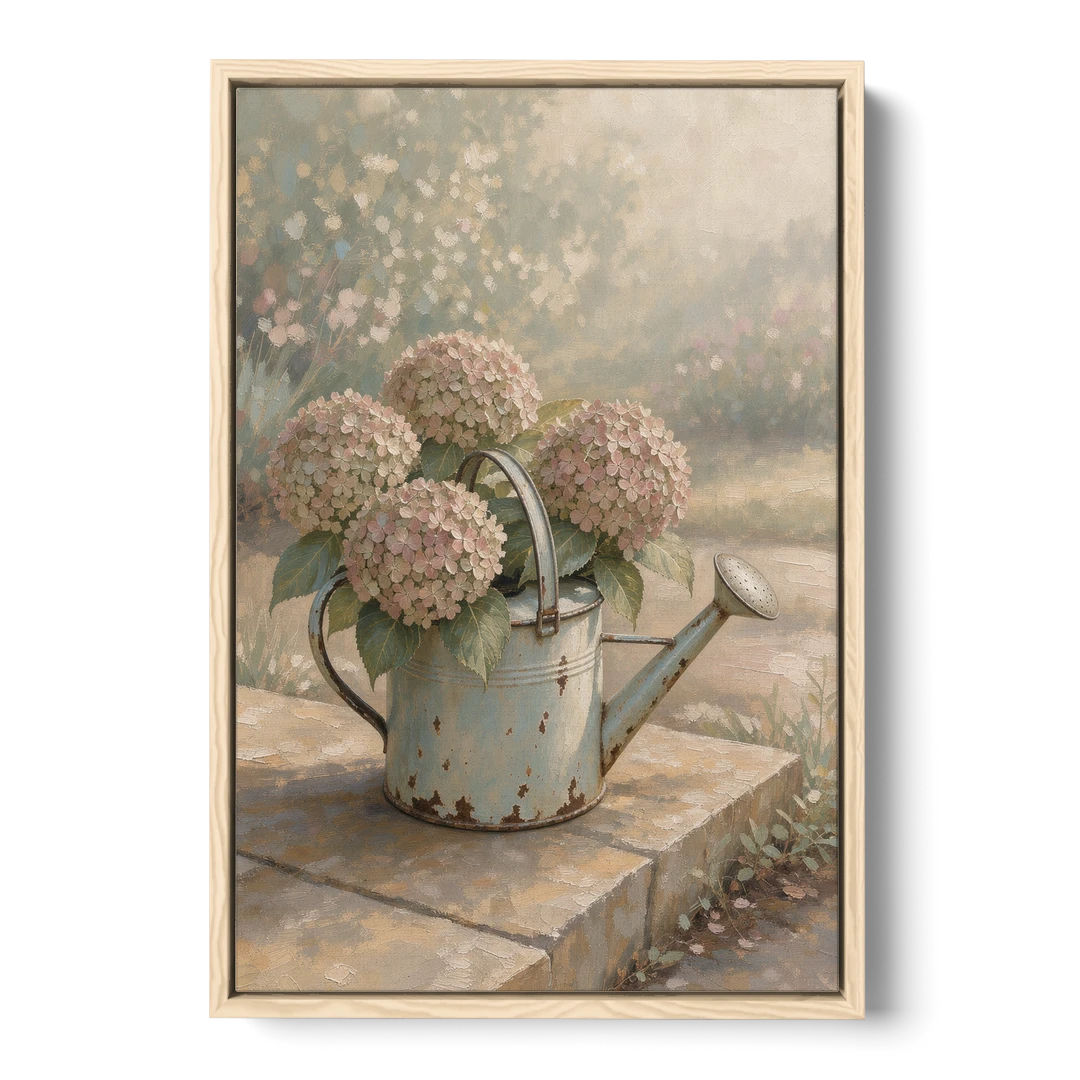 Farmhouse Floral Wall Art with Hydrangea Watering Can - Oak Framed Canvas Wall Art - Front