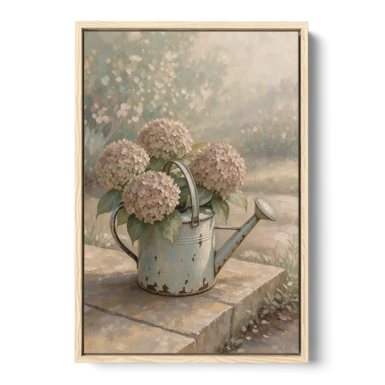 Farmhouse Floral Wall Art with Hydrangea Watering Can - Oak Framed Canvas Wall Art - Front