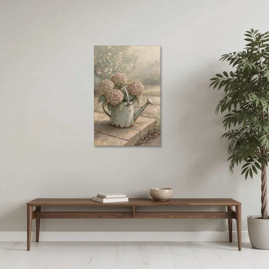 Farmhouse Floral Wall Art with Hydrangea Watering Can - Canvas Wall Art - Coffee Table - 24x36