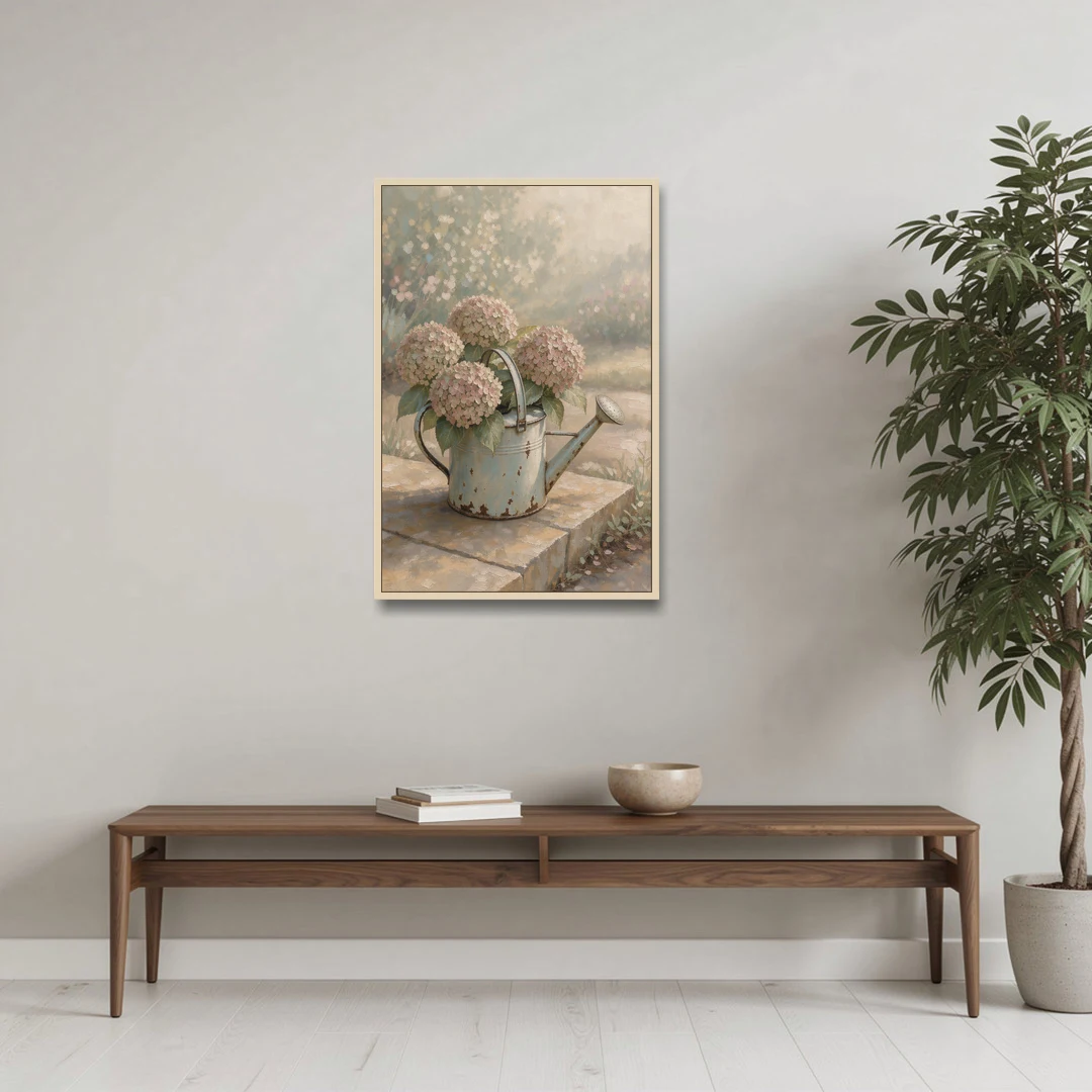 Farmhouse Floral Wall Art with Hydrangea Watering Can - Oak Framed Canvas Wall Art - Coffee Table - 24x36