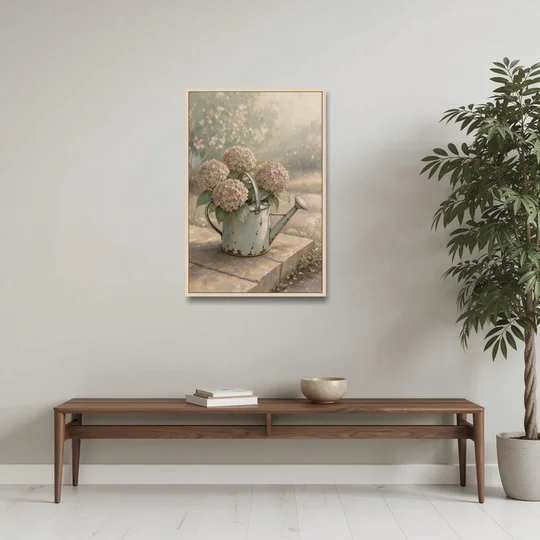 Farmhouse Floral Wall Art with Hydrangea Watering Can - Oak Framed Canvas Wall Art - Coffee Table - 24x36