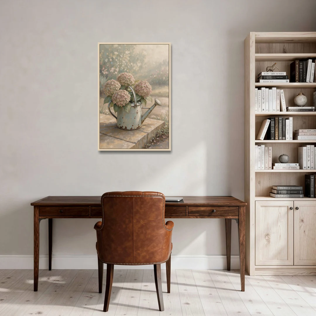 Farmhouse Floral Wall Art with Hydrangea Watering Can - Oak Framed Canvas Wall Art - Office - 24x36