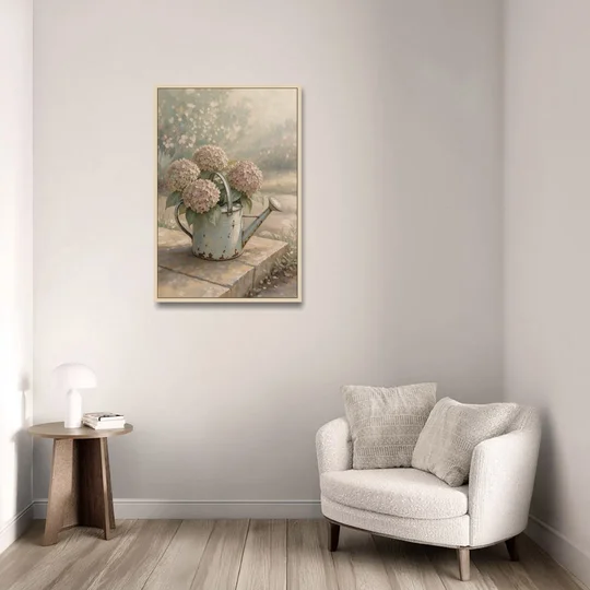 Farmhouse Floral Wall Art with Hydrangea Watering Can - Oak Framed Canvas Wall Art - Sofa - 24x36
