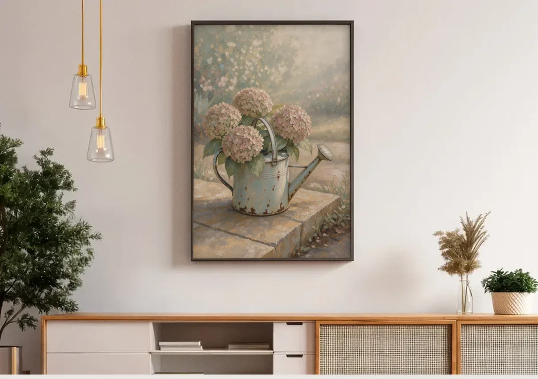 Farmhouse Floral Wall Art with Hydrangea Watering Can canvas wall art above a wooden sideboard under pendant lights