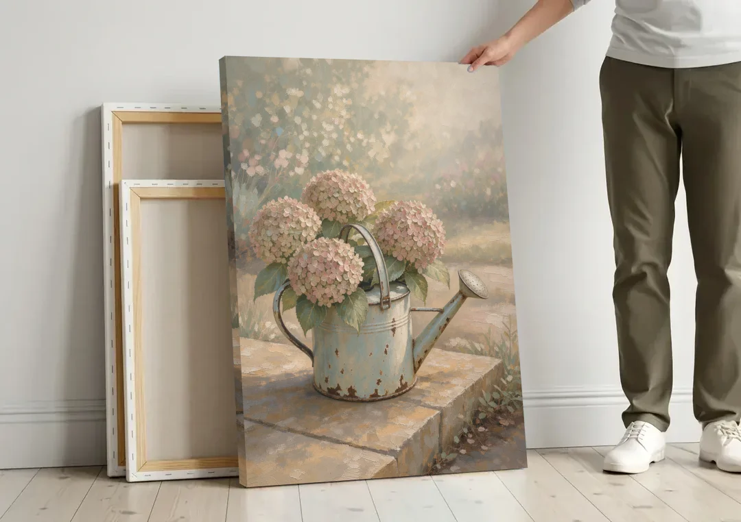Farmhouse Floral Wall Art with Hydrangea Watering Can canvas wall art leaning against a wall next to blank canvases