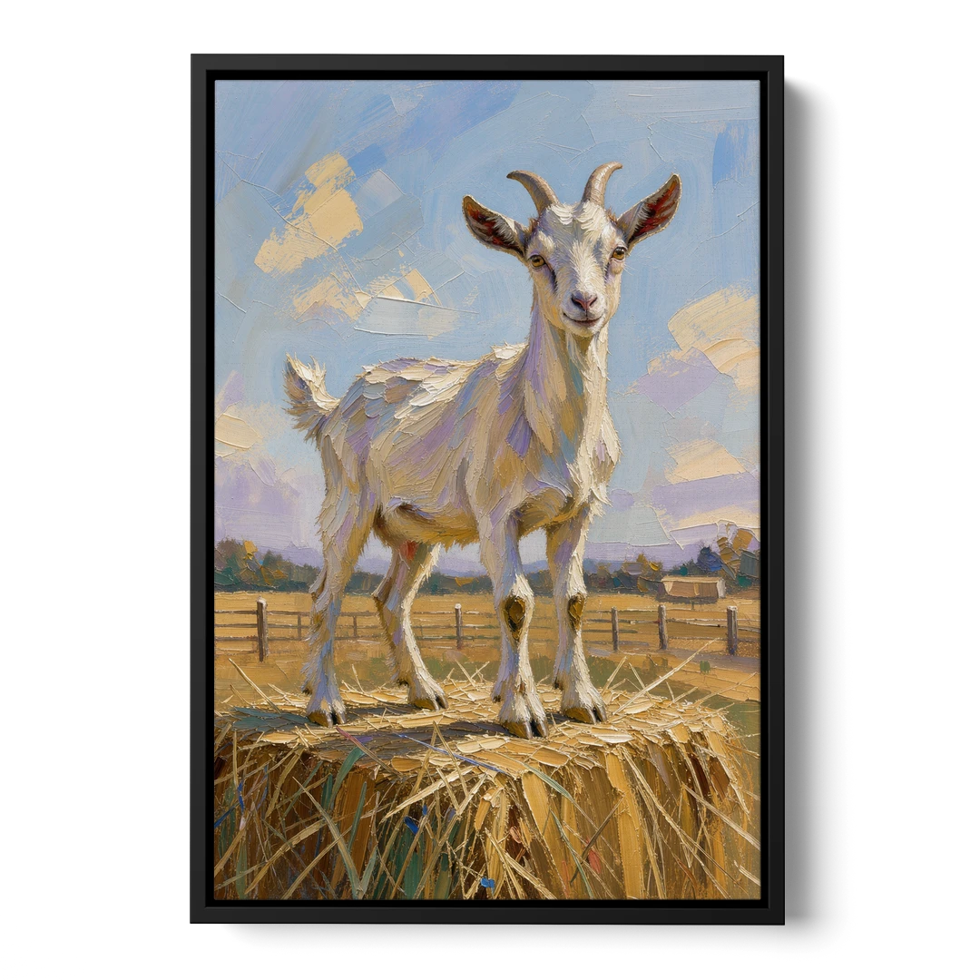Farmhouse Goat on the Hay Bale - Black Framed Canvas Wall Art - Front