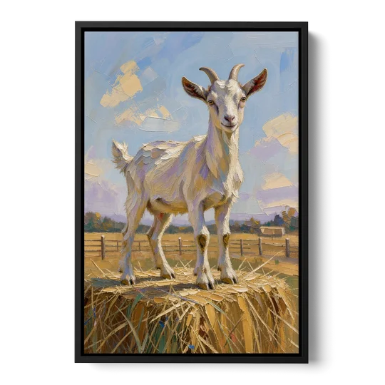 Farmhouse Goat on the Hay Bale - Black Framed Canvas Wall Art - Front
