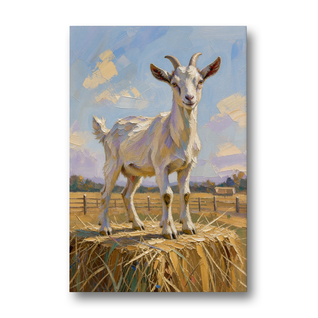 Farmhouse Goat on the Hay Bale - Canvas Wall Art - Front