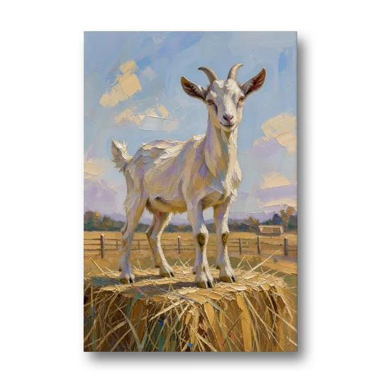 Farmhouse Goat on the Hay Bale - Canvas Wall Art - Front