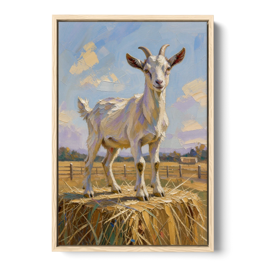 Farmhouse Goat on the Hay Bale - Oak Framed Canvas Wall Art - Front