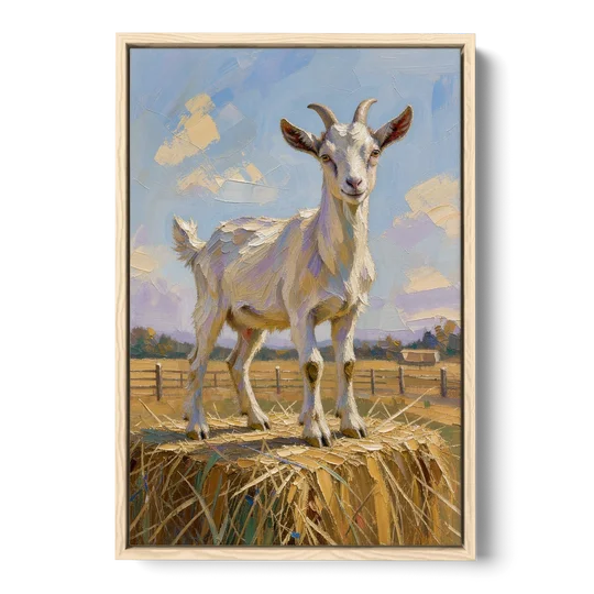 Farmhouse Goat on the Hay Bale - Oak Framed Canvas Wall Art - Front