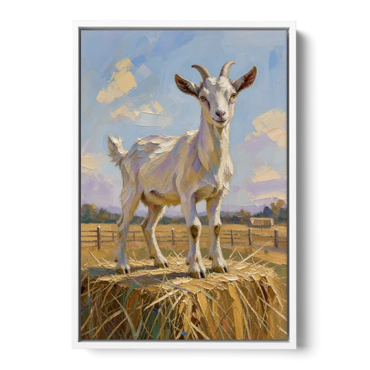 Farmhouse Goat on the Hay Bale - White Framed Canvas Wall Art - Front