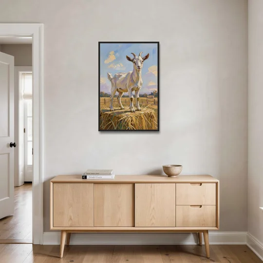 Farmhouse Goat on the Hay Bale - Black Framed Canvas Wall Art - Coffee Table - 24x36