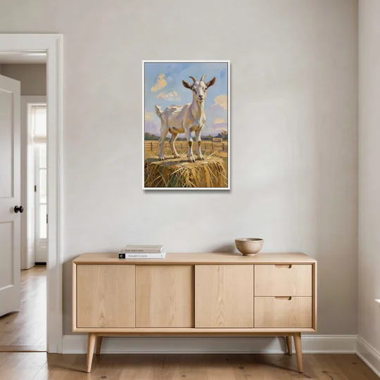 Farmhouse Goat on the Hay Bale - White Framed Canvas Wall Art - Coffee Table - 24x36