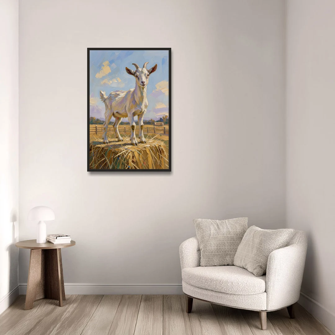 Farmhouse Goat on the Hay Bale - Black Framed Canvas Wall Art - Sofa - 24x36