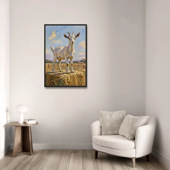 Farmhouse Goat on the Hay Bale - Black Framed Canvas Wall Art - Sofa - 24x36