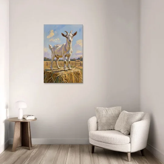 Farmhouse Goat on the Hay Bale - Canvas Wall Art - Sofa - 24x36