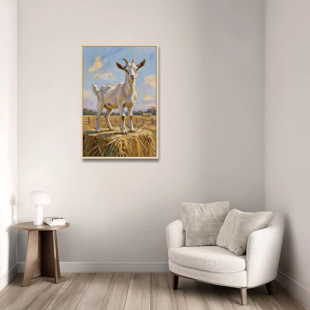 Farmhouse Goat on the Hay Bale - Oak Framed Canvas Wall Art - Sofa - 24x36