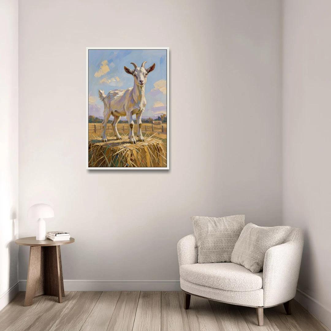 Farmhouse Goat on the Hay Bale - White Framed Canvas Wall Art - Sofa - 24x36
