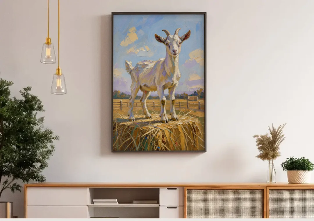 Farmhouse Goat on the Hay Bale canvas wall art above a wooden sideboard under pendant lights