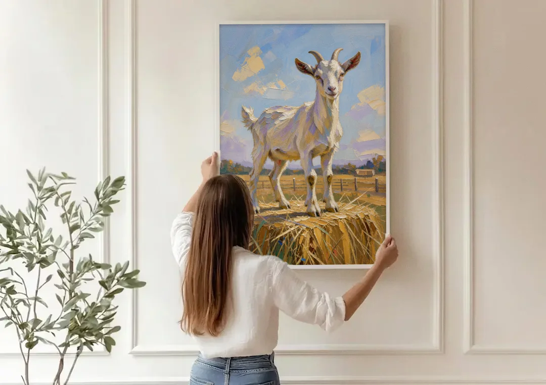 Farmhouse Goat on the Hay Bale canvas wall art being hung on a paneled wall