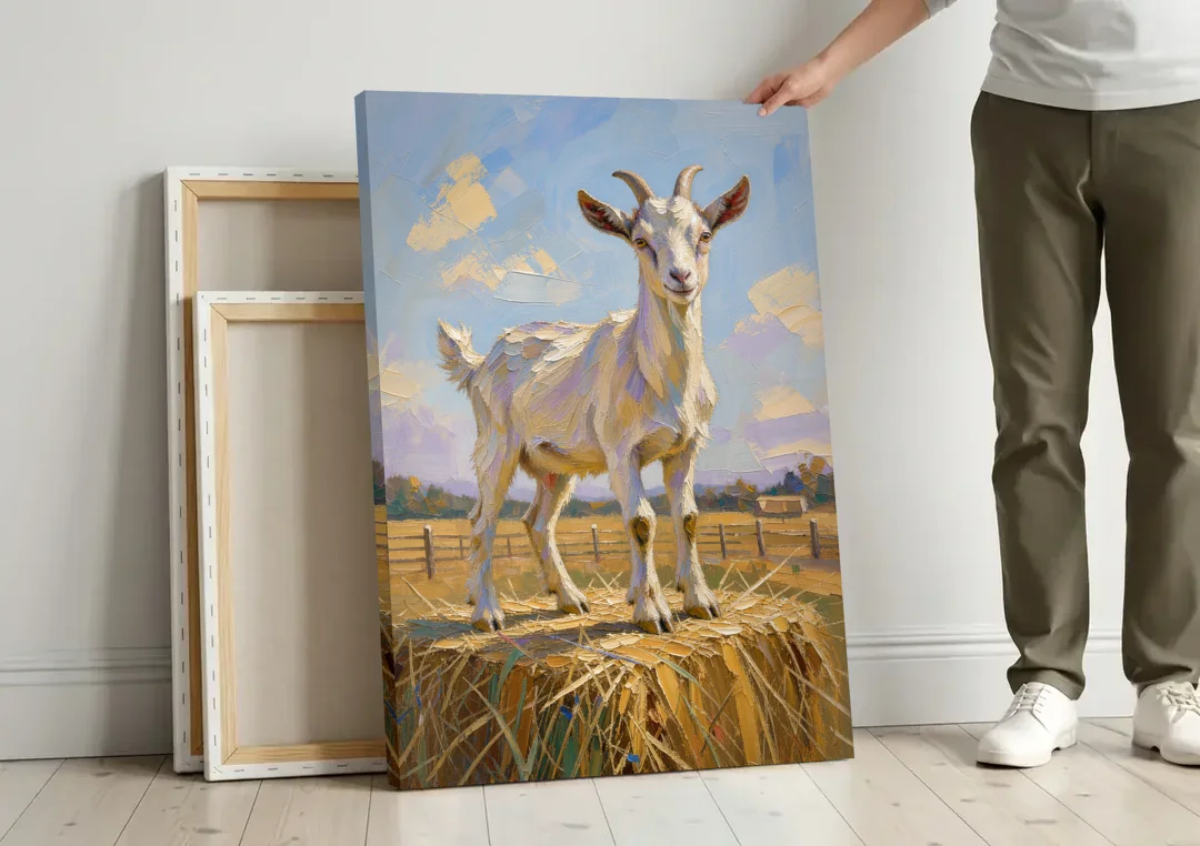 Farmhouse Goat on the Hay Bale canvas wall art leaning against a wall next to blank canvases