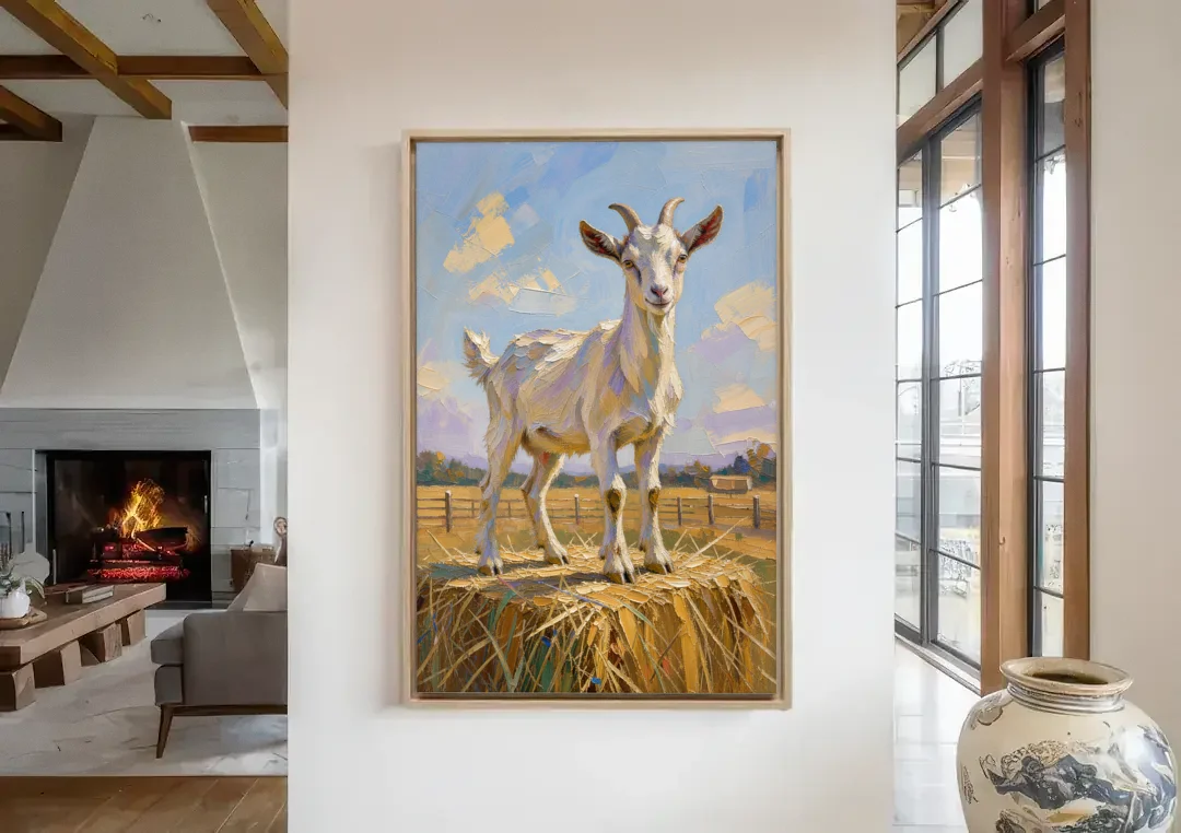 Farmhouse Goat on the Hay Bale canvas wall art in a living room with a fireplace