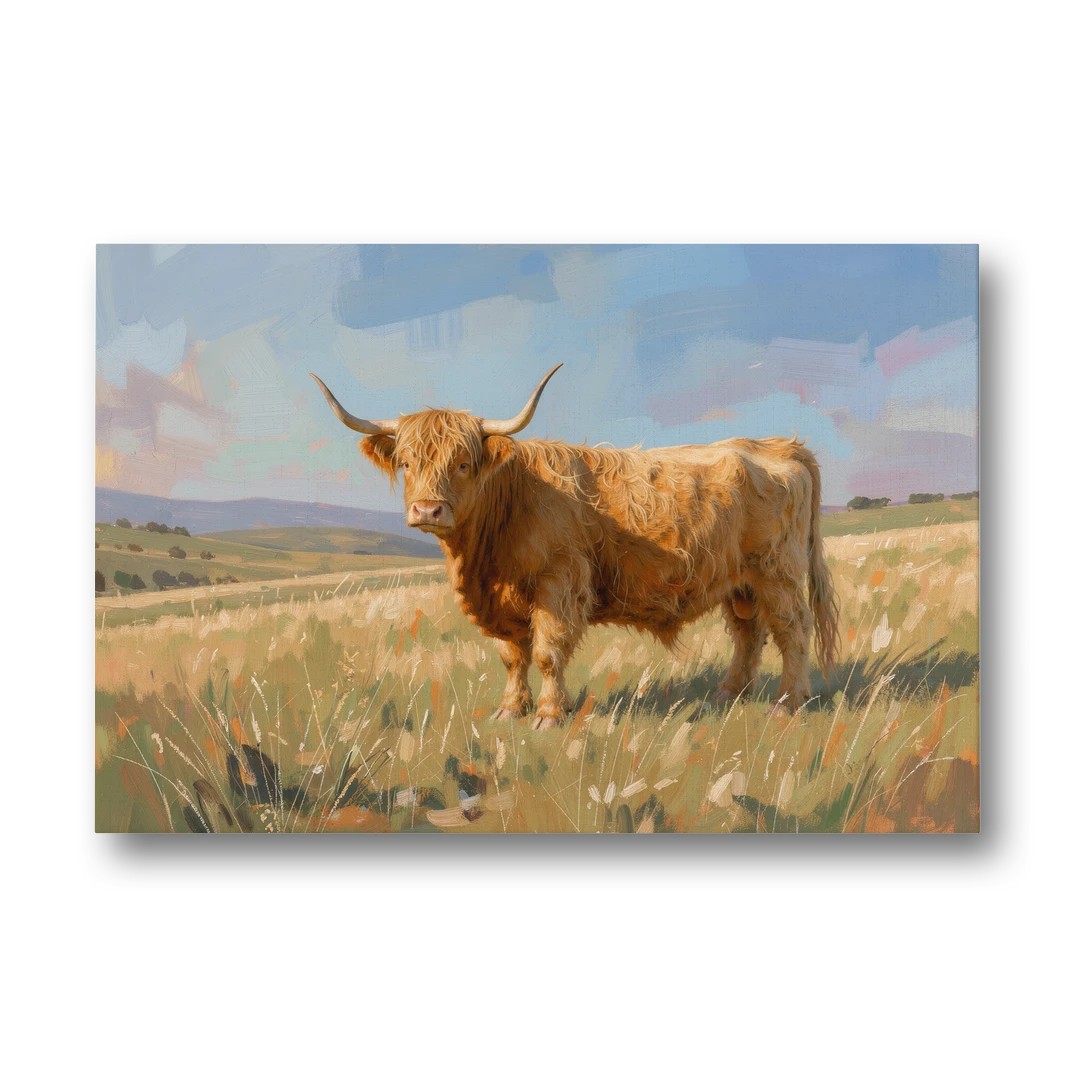 Farmhouse Highland Cow in the Golden Pasture - Canvas Wall Art - Front