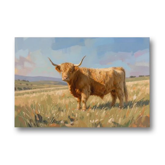 Farmhouse Highland Cow in the Golden Pasture - Canvas Wall Art - Front