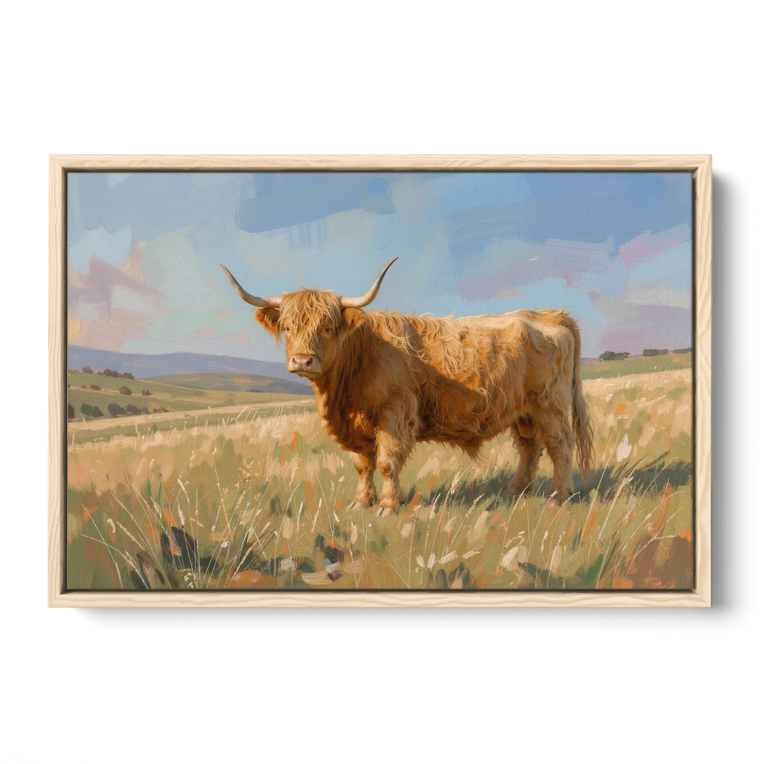 Farmhouse Highland Cow in the Golden Pasture - Oak Framed Canvas Wall Art - Front