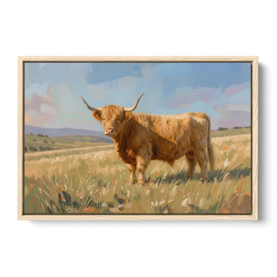 Farmhouse Highland Cow in the Golden Pasture - Oak Framed Canvas Wall Art - Front