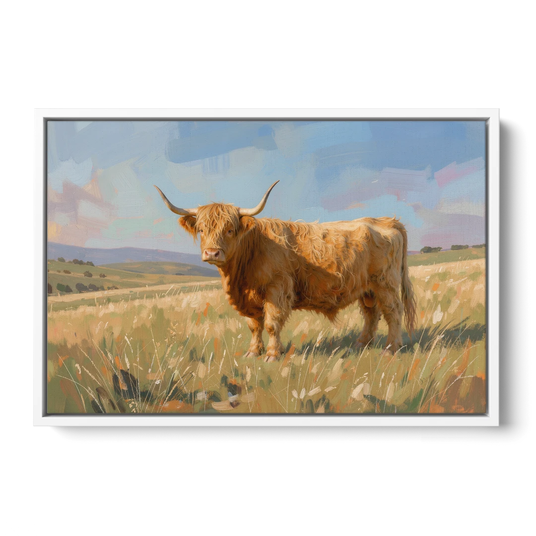 Farmhouse Highland Cow in the Golden Pasture - White Framed Canvas Wall Art - Front