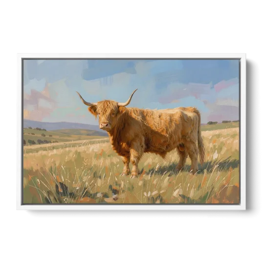 Farmhouse Highland Cow in the Golden Pasture - White Framed Canvas Wall Art - Front