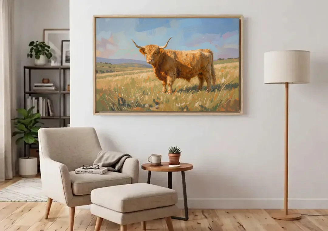 Farmhouse Highland Cow in the Golden Pasture canvas wall art above an armchair in a bright living room