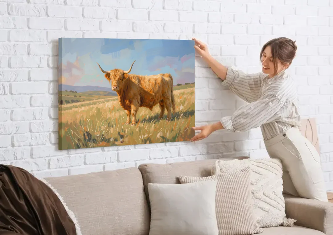 Farmhouse Highland Cow in the Golden Pasture canvas wall art being hung on a white brick wall above a sofa