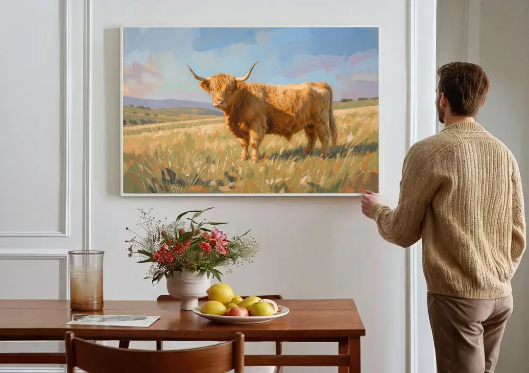 Farmhouse Highland Cow in the Golden Pasture canvas wall art above a dining table