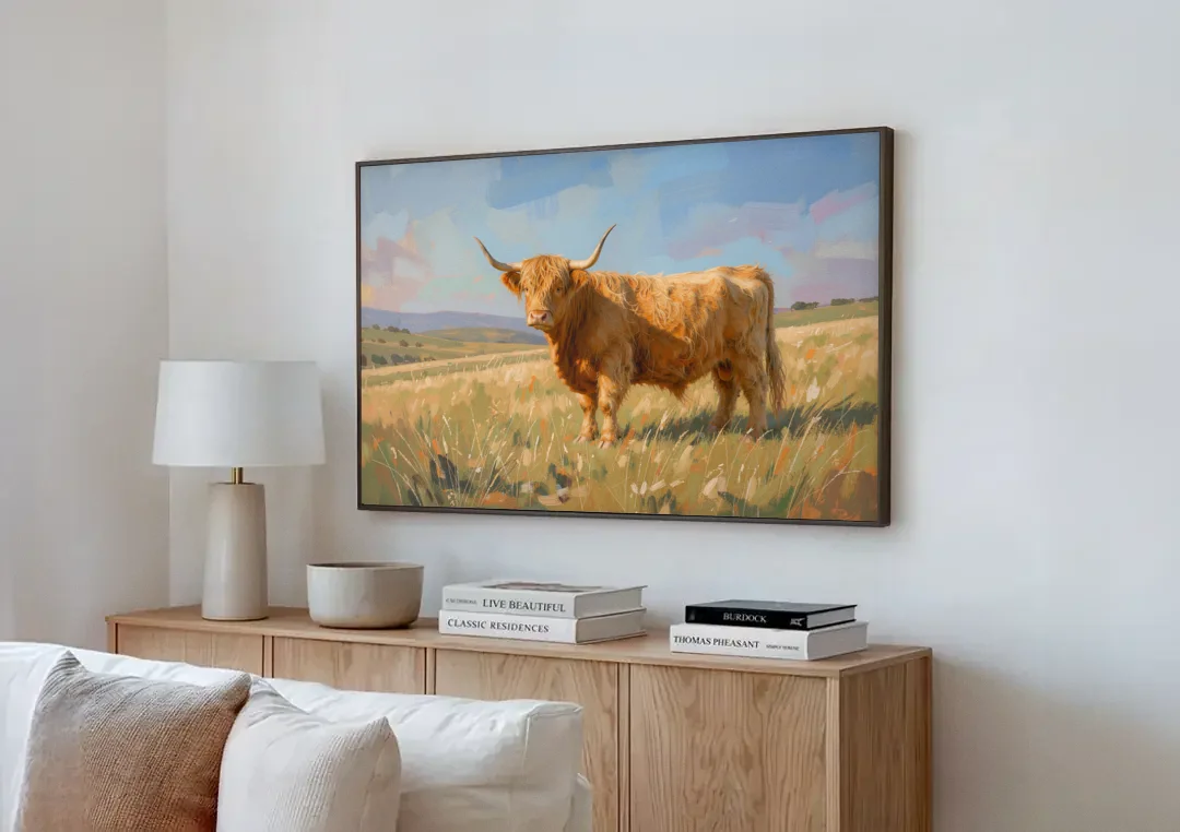 Farmhouse Highland Cow in the Golden Pasture canvas wall art above a wooden sideboard next to a sofa