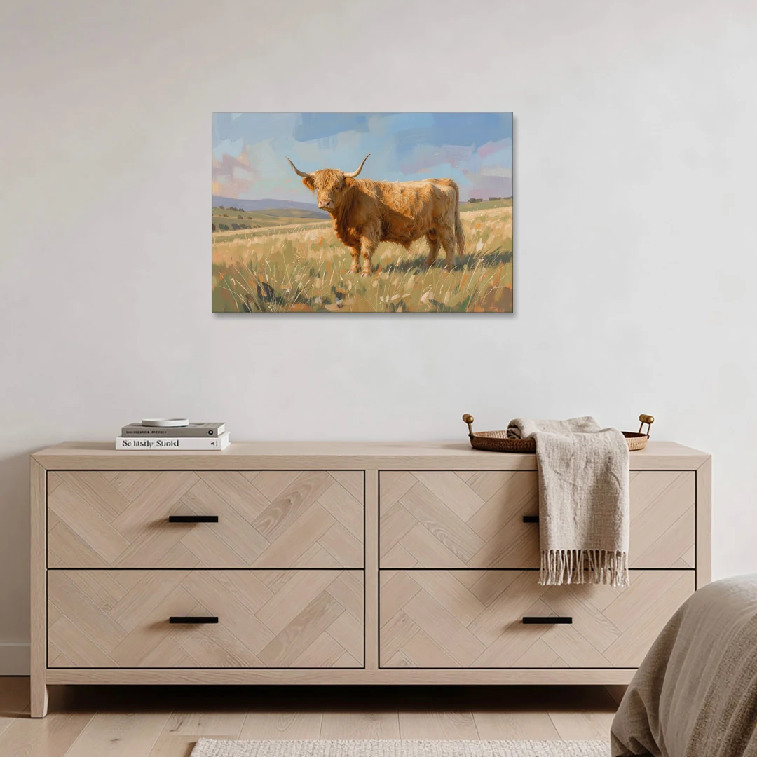 Farmhouse Highland Cow in the Golden Pasture - Canvas Wall Art - Coffee Table - 36x24